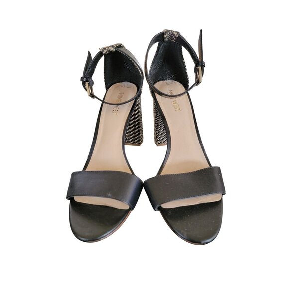 Nine West Abrah Black Open-Toe Ankle Strap Sandals With Patterned Block Heel - Picture 2 of 6